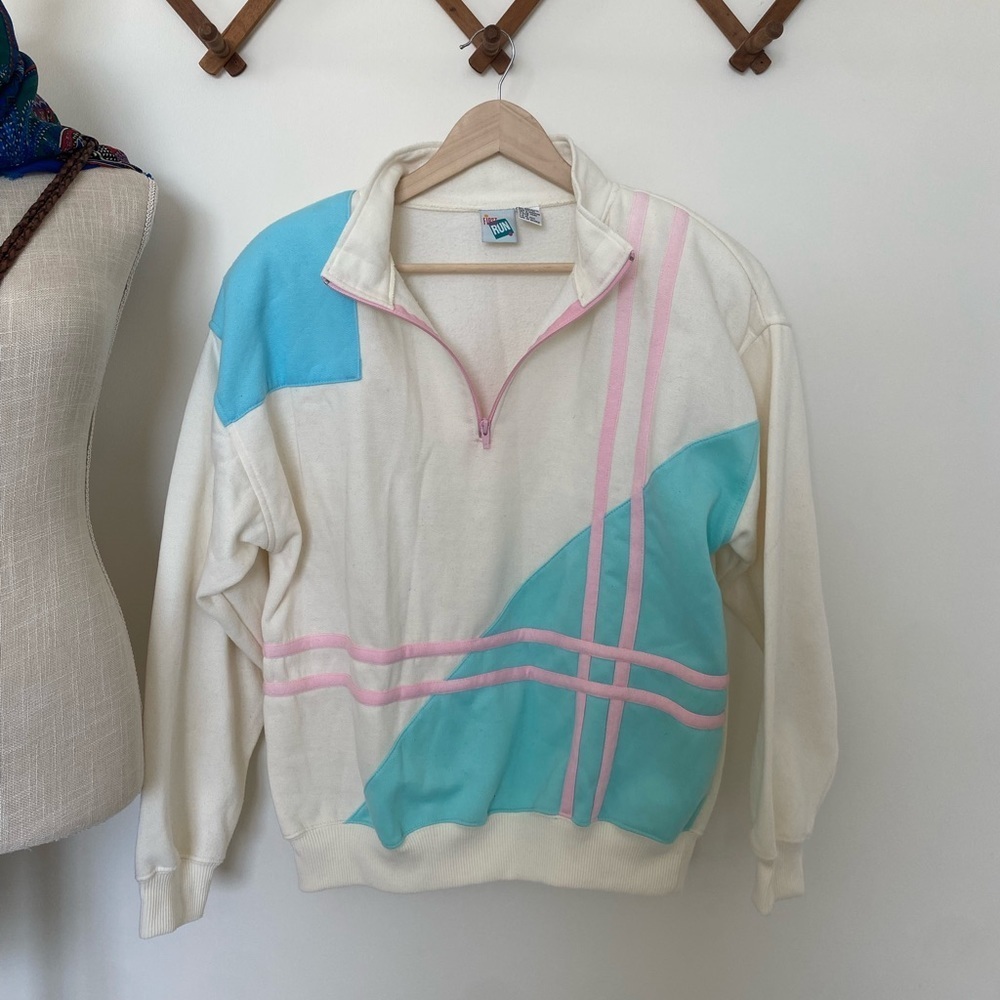 Vintage Cream Sweatshirt with Aqua and Pink Accents